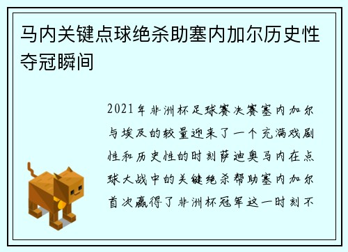 马内关键点球绝杀助塞内加尔历史性夺冠瞬间